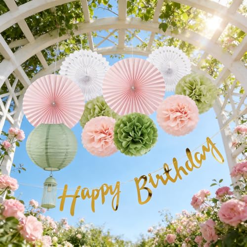 Image of EASY JOY Sage Green and Pink Party Decorations Green Birthday Decorations Sage Tissue Pom Poms Paper Lanterns White Paper Fans (11pcs) for Women Girls Birthday Wedding Bridal Shower Baby Shower