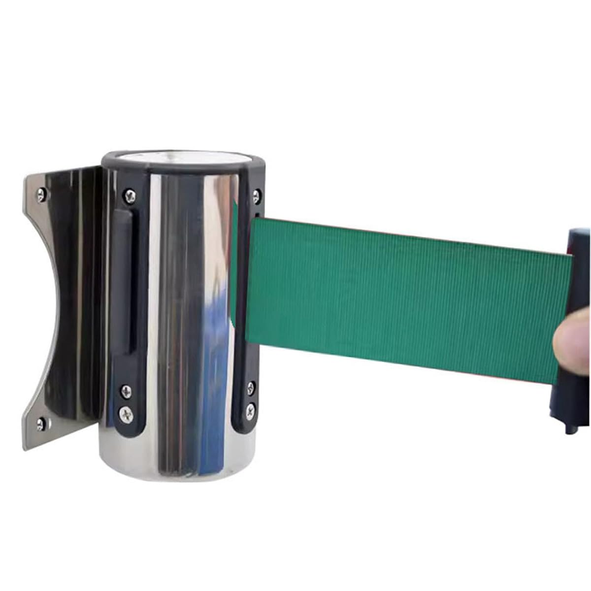 Barrière de file d'attente murale rétractable verte au design épuré pour espaces professionnels