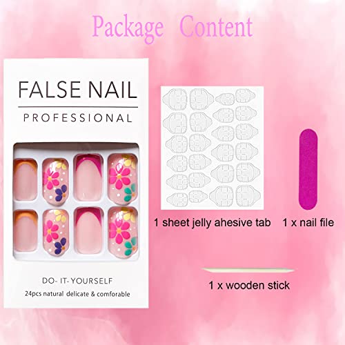 Medium Press On Nails Square Pink Fake Nails Flowers French Tip Designs Stick On Nails Cute False Nails Stick On Nails For Women Girls Nail Decoration #TOP4