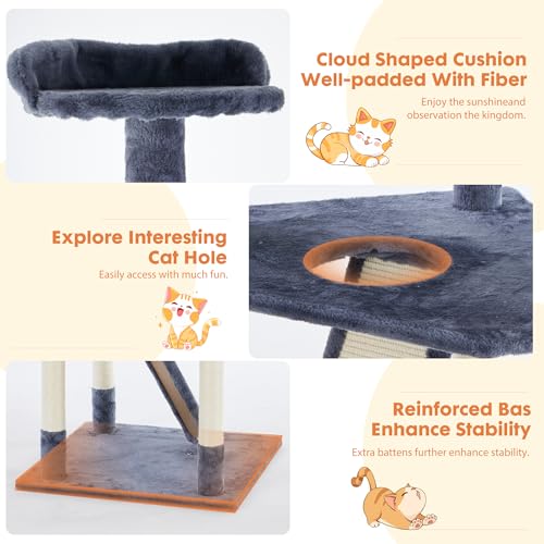 Image of Sweetcrispy 79 inch Cat Tree Tower, Large Multi Level Cats Climbing Tower with Condo, Natural Sisal Scratching Posts, Extended Platform, Basket, Tall Pet Tree House for Indoor Cats Play, Dark Blue