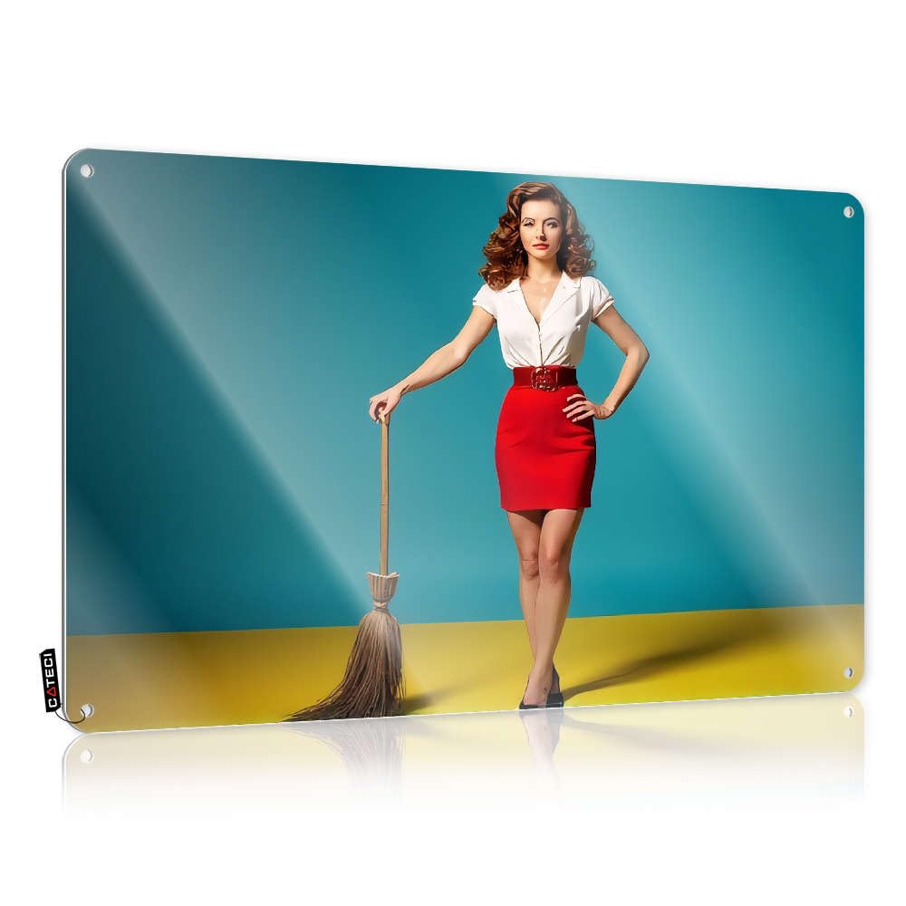 Tapestry, Funny Vintage Signs Gym Guard A Woman In A Red Skirt Holding A Broom. | Rustic Modern Wall Art(30X40CM)