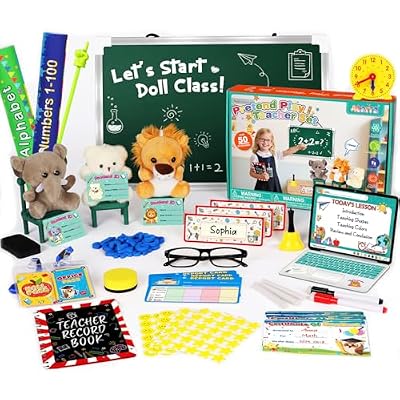 مجموعة Alritz Pretend Play Teacher، أشياء مدرسية، أنشطة تعليمية لمرحلة ما قبل المدرسة للعب الأدوار، مجموعة الفصول الدراسية للبنات والأولاد تشمل الدمى، لعبة الكمبيوتر المحمول، السبورة السوداء، هدية عيد ميلاد 5 6 7 8 9+ سنة