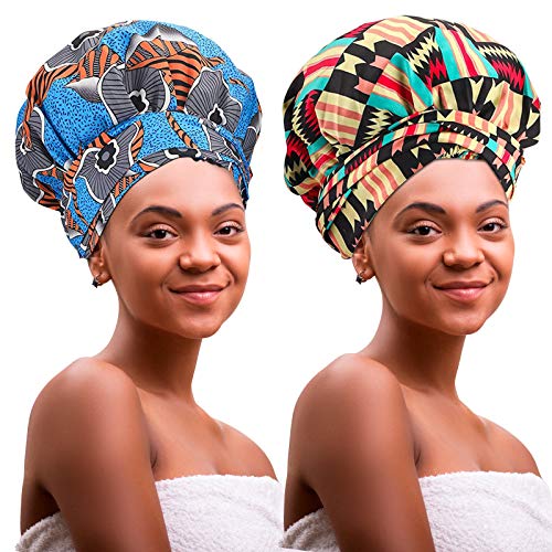 Myhozee 2pcs Hair Satin Bonnets for Women, Soft Head Wrap Head Scarf for Protecting Black Women Curly Long Hair & Braids，with African Print for Different Shower Cap Styles, (2 Pcs Style 2)