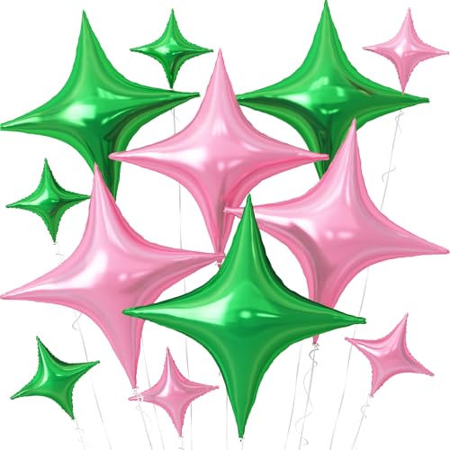 Image of Pink Green Star Balloons,12Pcs Four Angle Star Foil Balloons | 26Inch and 10Inch Pink Green Quadrangle Star Helium Balloon for Witch Birthday Baby Shower Party Decorations