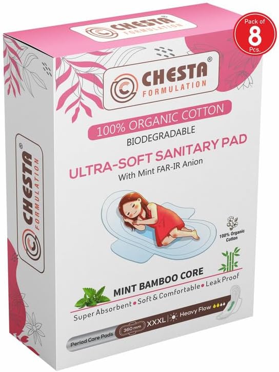 Chesta Formulation New Ultra-Soft Sanitary Pads (Pack Of 1 * 8 = 8 Pads In XXXL Size-360mm) With Mint FAR-IR Anion Better Hygiene & Comfort Pure Cotton 100% Rash-Free-Periods Full-Day & Full-Night
