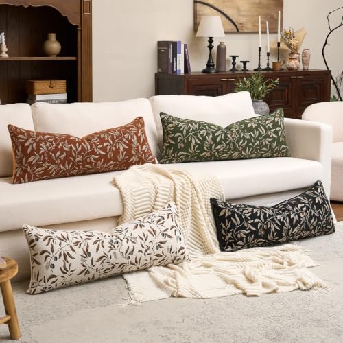 Image of Alerfa Beige Floral Throw Pillow Cover 14 x 36 Inch Rectange Luxury Decorative Lumbar Pillow Cover for Couch Living Room Bedroom