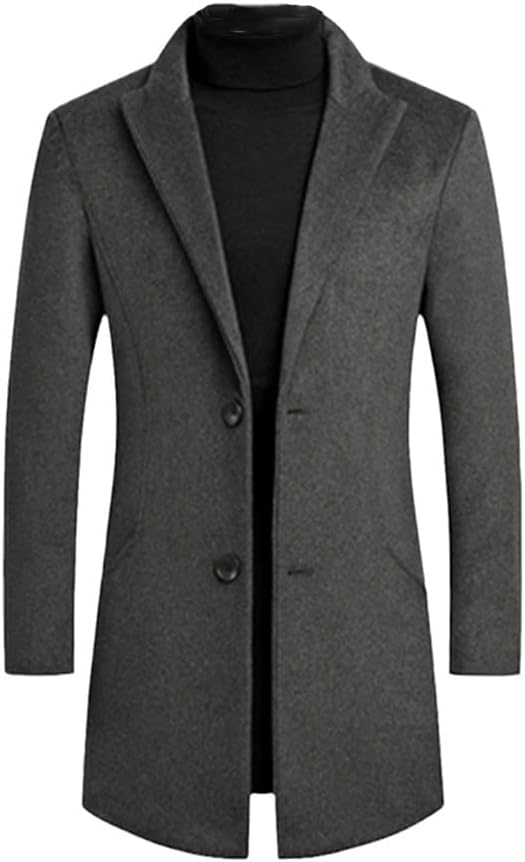 Men's Business Long Lapels Solid Color Simple Wool Jacket Warm Woolen Blends Trench Coat