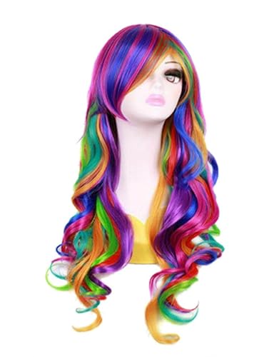 OYSRONG Women Long 27.56''/70cm Rainbow Curly Wig, Colorful Wavy Cosplay Heat Resistant Wig Rainbow-1, Rainbow-2
