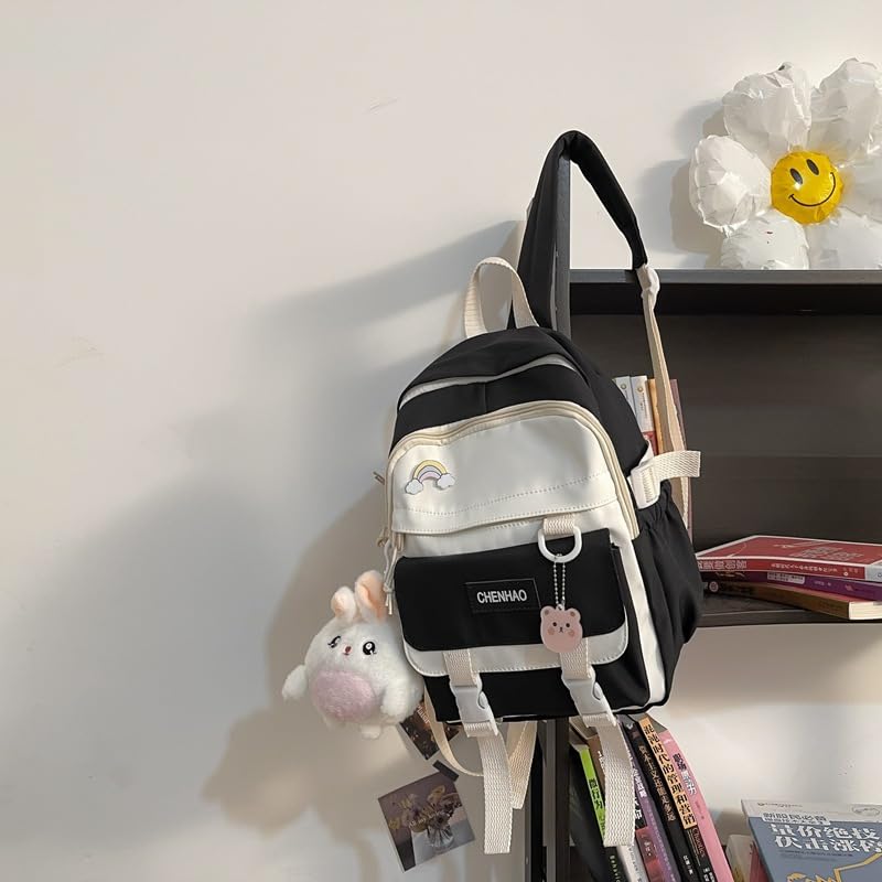 Aesthetic Girls Backpack Kawaii School Bags toast School Cute Pendant Schoolbag for Kids Boys Teenage Primary Secondary（Black）2