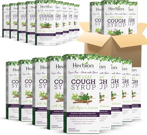 HERBION Naturals Ivy Leaf Cough Syrup with Thyme & Licorice, Soothes Throat & Relieves Respiratory Discomfort, for Adults, Kids 13 Months +, Alcohol-Free, Sugar-Free w/Stevia, 5 Fl Oz (Pack of 24)