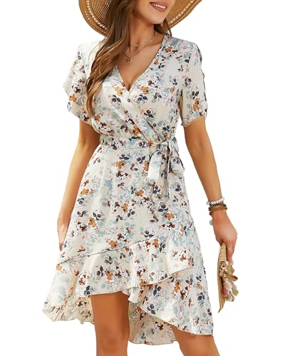 Womens Wrap V Neck Short Sleeve Dress 2025 Summer Floral Boho Dress Ruffle A Line Flowy High Low Midi Dresses