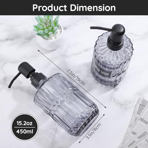 Image of Segbeauty Glass Soap Dispenser Refillable, 2 Pack 15.2oz Modern Farmhouse Decor Pump Bottles with Labels, 450ml Western Decor Hand Soap Dispenser Set Liquid Gel Container for Bathroom Kitchen Gray