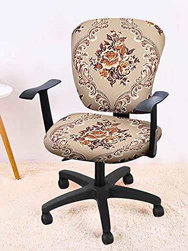 Image of Cortina Office Chair Slip Covers | Stretchable Polyester Elastic Spandex Fabric | Corporate Rotating Chair Cover | Removable Chair Case | Machine Wash | Damask Print - Beige | Chair Cover Set of 4