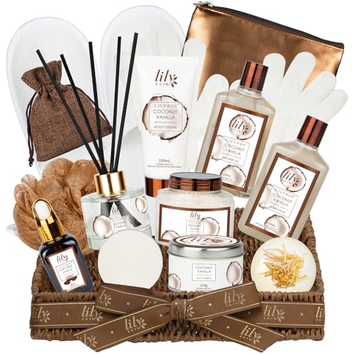 Gifts for Women & Men, Coconut Vanilla Spa Gift Basket for Women, Fathers Day Gifts – 17-Piece Relaxing Bath & Body Set with Shower Gel & Reusable Basket, Premium Self-Care Gift for Mom & Dad