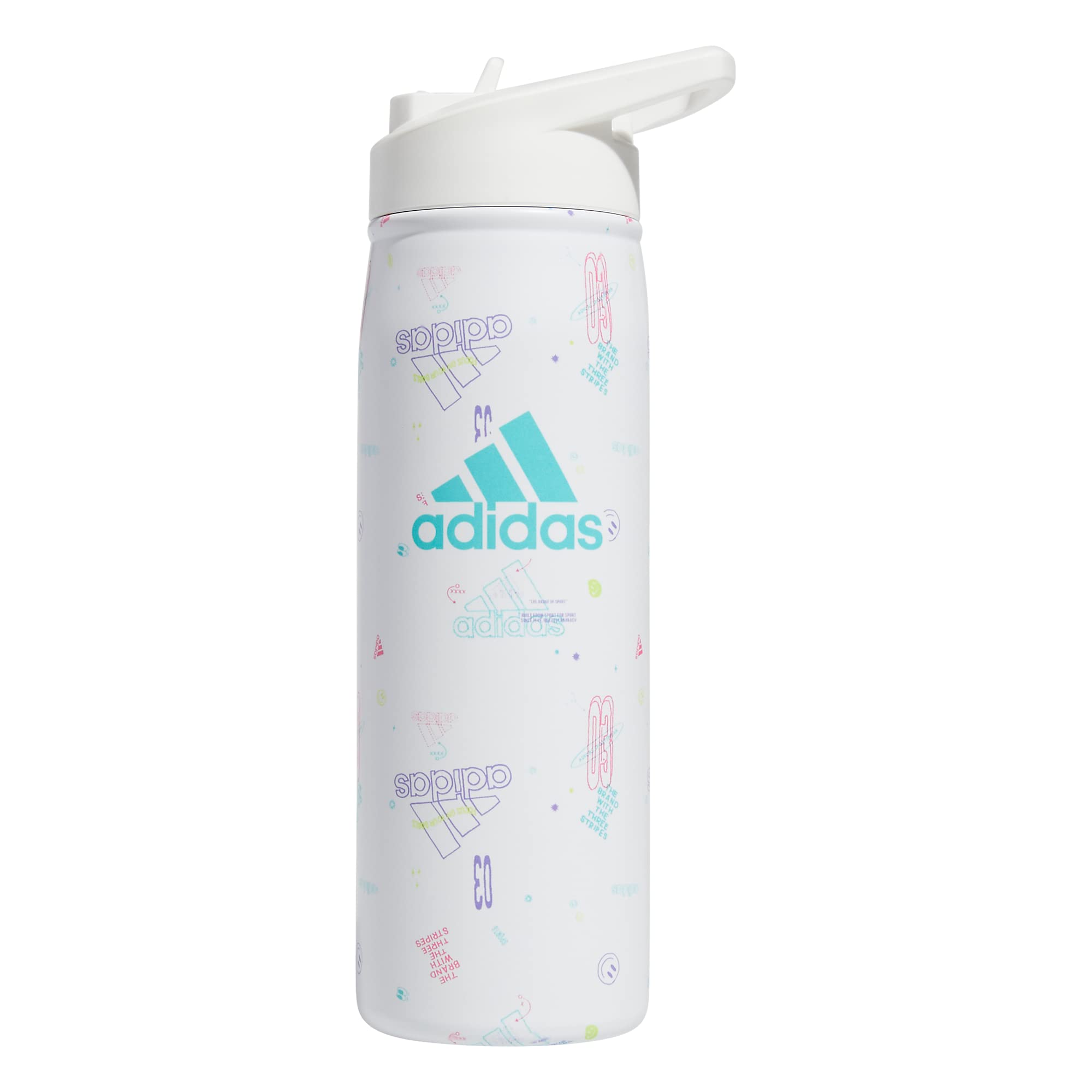 adidas 600 ML (20 oz) Straw Top Metal Water Bottle, Hot/Cold Double-Walled Insulated 18/8 Stainless Steel, Icon Brand Love White/White/Flash Aqua Blue, 20 Ounces