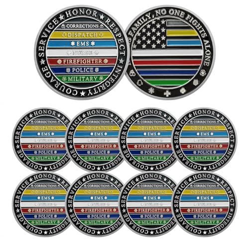 Thin Multi Line Challenge Coin - No One Fights Alone Coins - Honor US Corrections Dispatch EMS Nurse Firefighter Police Military Hero - Law Enforcement Gifts Tribute to Our First Responders (10 PCS)
