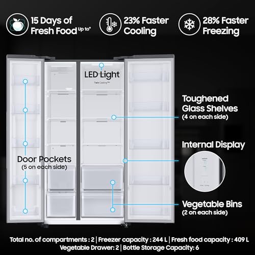 Image of Samsung 653 L, 3 Star, Frost Free, Double Door, Convertible 5-in-1 Digital Inverter, Side By Side AI Enabled Smart Refrigerator with WiFi (RS76CG8003S9HL, Silver, Refined Inox)