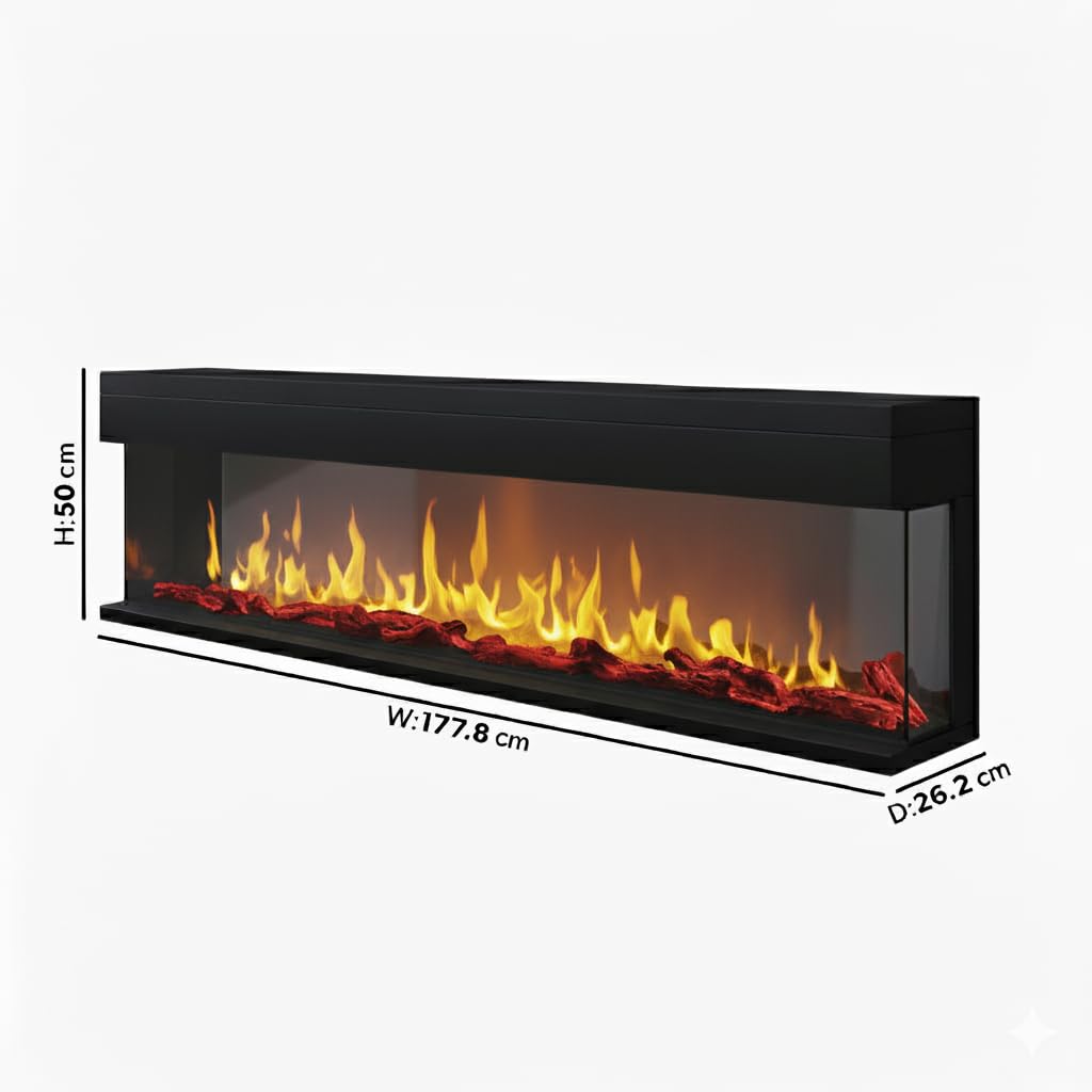 CHEMIN'ARTE Camino elettrico da incasso con effetto fiamme LED 3D 180 cm, 3 lati con 3 modalità di Installazione - Effetto Fiamma LED con 12 Colori