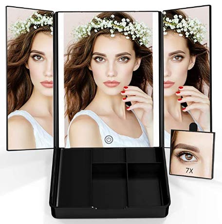 Abody Espejos de Maquillaje,Espejos LED con 7X Aumento con Organizador,Espejo Cosmético Luminoso,Espejos Plegables,Perfecto Regalo Set brochas