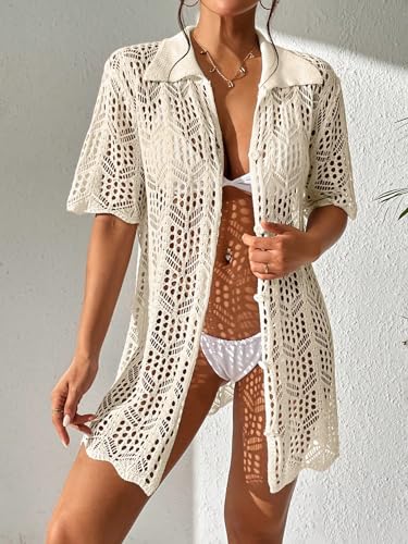 GORGLITTER Women's Crochet Swimsuit Coverups Dress Button Down Short Sleeve Beach Vacation Summer Cover Up Dresses 20253