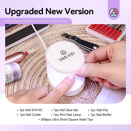 SAVILAND Gel Nail X Kit Short Square - Nail Drill Kit 500 PCS Natural False Nail Tips For Press On U V Nail Glue with Lamp Manicure Tools for Nail Extension Nail Art For Women At Home Nail Kit DIY