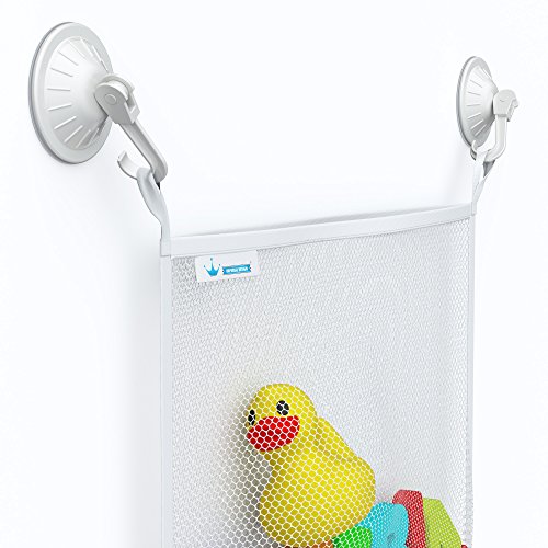Bath Toy Organizer & Includes 3 BONUSES +, Bathroom Accessories For Baby/Kids, Mesh Storage Bag Netting Helps Minimize Mold, Mildew + 4 Super-Strength Hooked Suction Cups + Ducky!