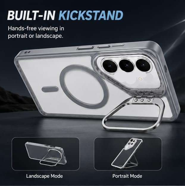 Image of MagPro ClearBack Case with Stand for Samsung Galaxy S24 Anti Yellow, Strong MagSafe Compatible Cover, Shockproof Armor, Scratch Resistant Polycarbonate Hard Back with Soft TPU Bumper Grey