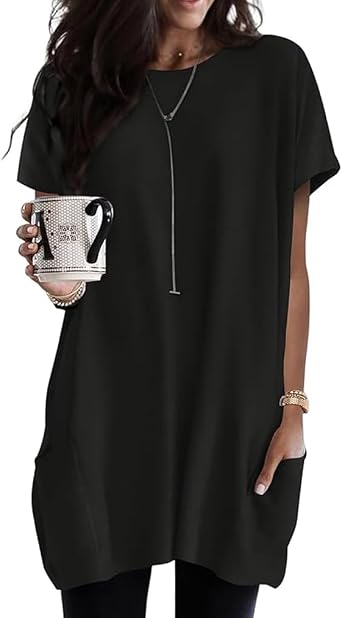 Poetsky Summer Womens Tunic Tops for Leggings with Pockets Short Sleeve Casual Long T Shirts S-3XL