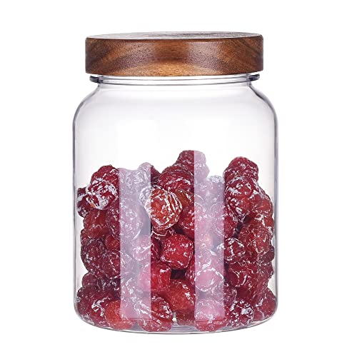 YUEJUM 42 Fluid Ounces Unbreakable & Dishwasher Safe Plastic Apothecary Jar with Wooden Airtight Screw Top Lid Food Storage Canister for Sugar Tea Spices Coffee Cookie Candy Containers