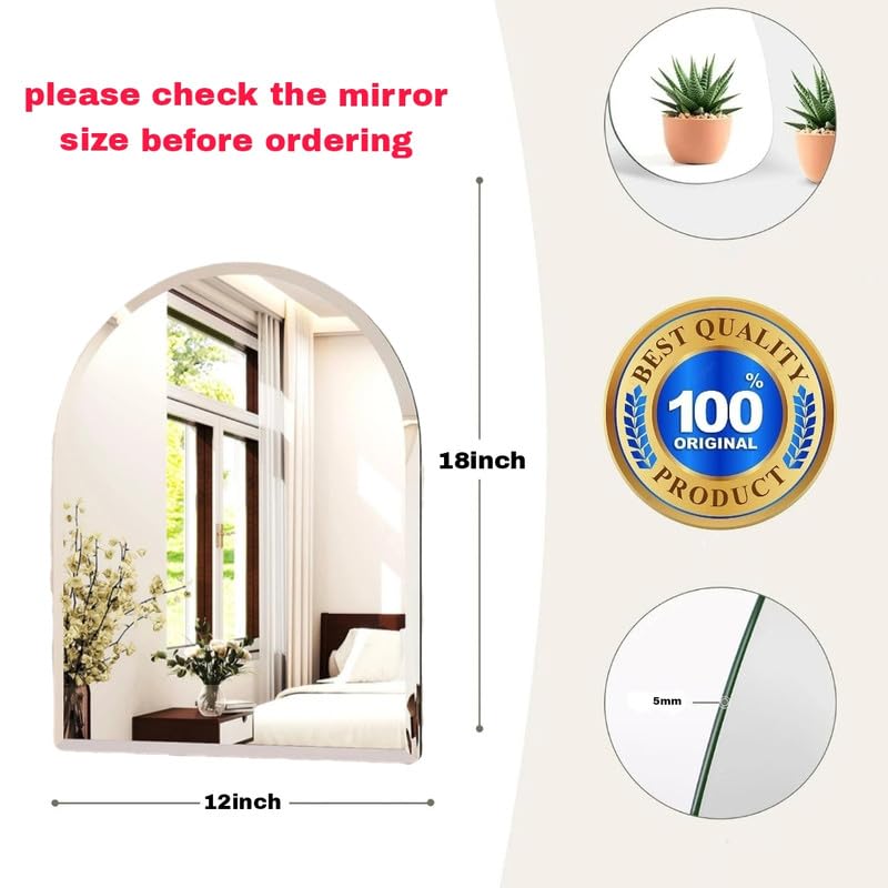 Image of 12x18 Inch Arch Wall Mirror | 5mm HD Glass | Decorative Mirror for Bathroom & Living Room | Frameless Design | Vertical Mount | Home & Office Use