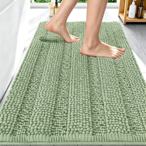 Image of Smiry Thick Chenille Bathroom Rugs 30x20, Extra Soft Absorbent Striped Bath Mat, Machine Washable, Rubber Backing, Bath Rugs for Tub & Shower, Modern Home Decor Accessories, Sage Green
