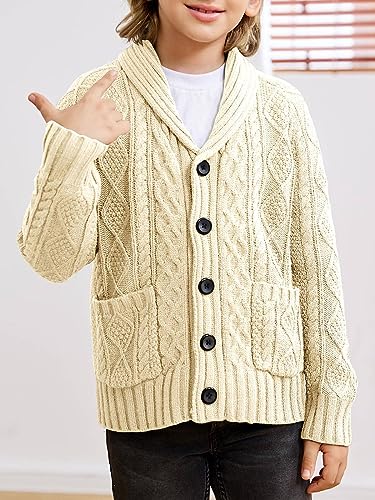 rrhss Boys Cable Knit Cardigan Sweater Kids Button Down Shawl Collar Outwear Sweater with Pockets 3-12 Years2