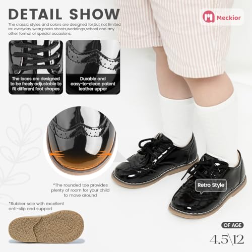 Image of Meckior Toddler Boys Girls Dress Shoes Little Kid Oxford Shoes Wedding Church Dress Shoes PU Leather Lace Up School Uniform Loafer Flats