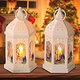 2 Stück Weihnachtsdeko Laterne mit LED, 17cm Weihnachtslaterne Weihnachten Deko, Weihnachtsdeko Innen Laterne Häuser Beleuchtete Windlicht Weihnachten, Batteriebetrieben Weihnachtsdekoration innen