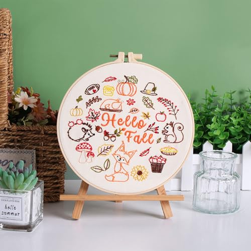 Image of Louise Maelys Hello Fall Embroidery Kit Autumn DIY Craft Set | Cross Stitch Kits Complete Set with Fabric, Hoop, Threads, Needles and Instructions. Needlepoint Kit for Fall DIY Crafts