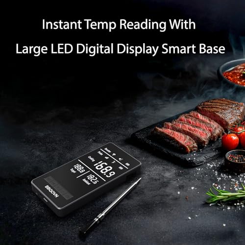 BBQOVN WiFi Sub-1g Wireless Meat Thermometer Unlimited Range, Check Temp Anywhere,7 NIST Certified Sensors with Ambient Temp Smart Digital Base,Monitor for BBQ, Grill,Oven, Smoker. (1, Black, Small)