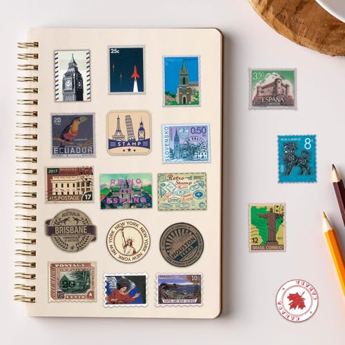 Image of Vintage Travel Postage Stamp Stickers - World Landmarks USA Australia Brazil Waterproof Vinyl Stickers for Journal Planner Laptop Scrapbooking