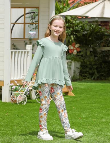 Image of Yekaty Girls Clothes Ruffle Shoulder High Low Hem Long Sleeve Top and Floral Pants 2 Piece Fall Outfits Clothing Set