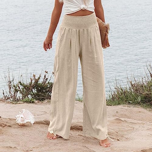 Womens Linen Palazzo Pants Summer Boho Casual Wide Leg Smocked Waist Comfy Lounge Trousers Beach Vacation Outfits4