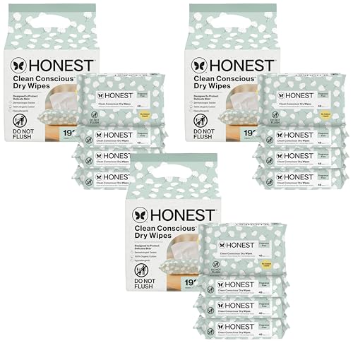 Image of The Honest Company 100% Pure Organic Cotton Dry Wipes, Hypoallergenic, Multi-Use, Baby Facial Cloths, 192 Count (Pack of 3)