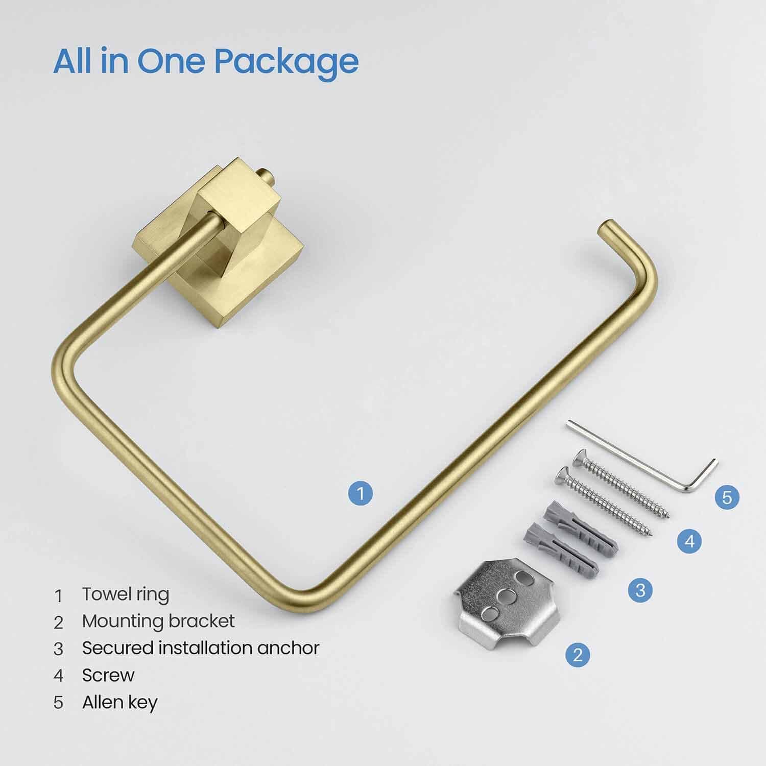 KIBI Cube Bathroom Towel Ring – Wall Mounted, Rust Resistant Solid Brass Hand Towel Holder with Modern Square Design, Durable Bath Accessory for Bathrooms & Washrooms (Brushed Gold, KBA1506)