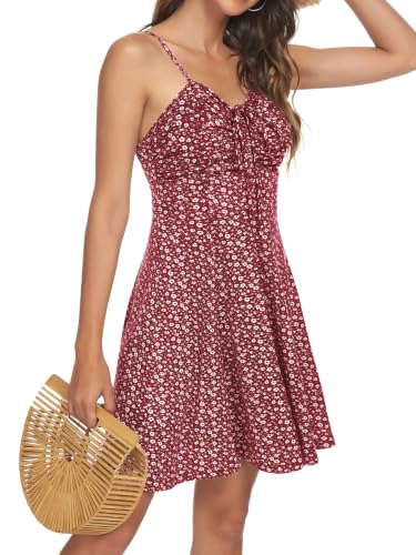 Image of Missufe Spaghetti Strap Floral Mini Dress Women's Casual Ruched Front Drawstring Swing Sundress