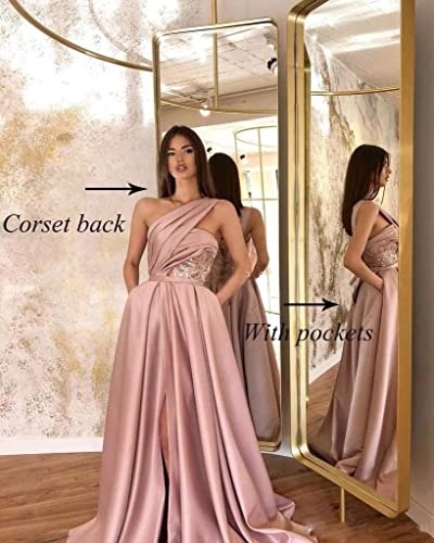 Women's One Shoulder Prom Dresses Long Ball Gown A-line Formal Dresses Long with Pockets Ruched Glitter Lace Evening Gowns2