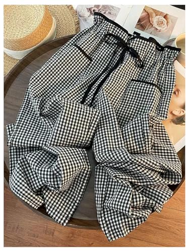 MakeMeChic Women's Gingham Straight Leg Long Pants Drawstring Paperbag Waist Loose Trousers with Pockets2