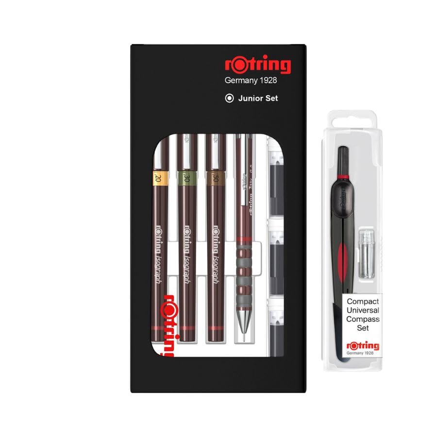 rOtring Isograph Junior Set 3x Technical Pens | 0.20mm, 0.30mm, 0.50mm Fineliner Pens + Accessories with Compact Universal Compass