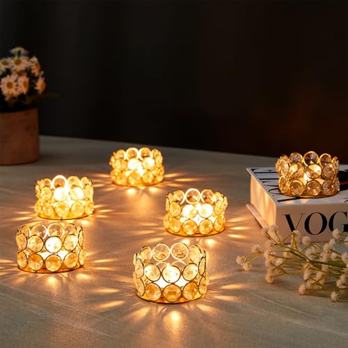 Image of Amazon Brand - Solimo Crystal Tealight Candle Holder | Votives Bowl for Home Decor & Gifting (Pack of 6) | 6 x 6 x 3.5 cm Each | Gold Finish