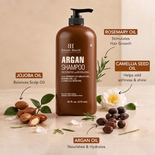 Image of Botanic Hearth Argan Shampoo, Hydrating & Volumizing, Sulfate & Paraben Free, All Hair Types & Color Treated Hair, Men and Women 16 fl oz