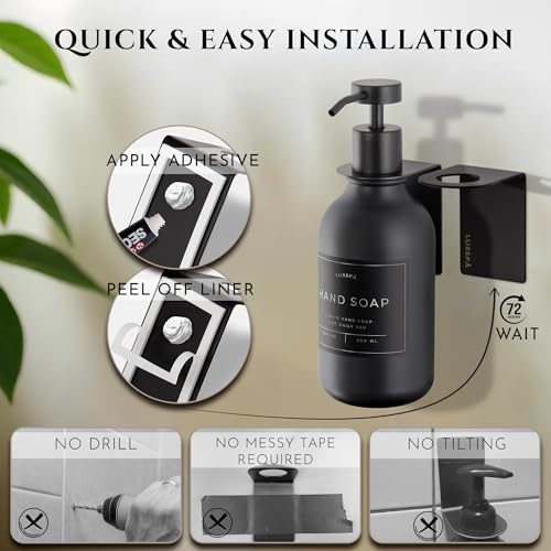 Shower Shampoo Dispenser Wall Mounted – Refillable 16.9 oz Black Bottle with Stainless Steel Pump & No-Drill Adhesive Holder – Soap Dispenser for Bathroom (1 X Black) — view 4
