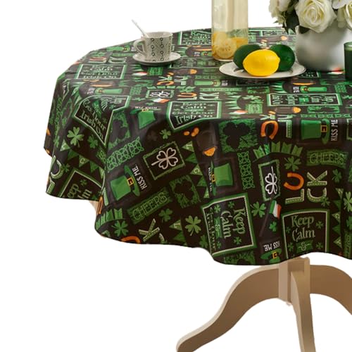 Serafina Home St. Patrick's Day Irish Vinyl Flannel Backed Tablecloth for Dining Room Kitchen Table Decor: St. Pat's Lucky Shamrock Clovers Green White Yellow Gold (St. Pats Chalkboard, 60R)