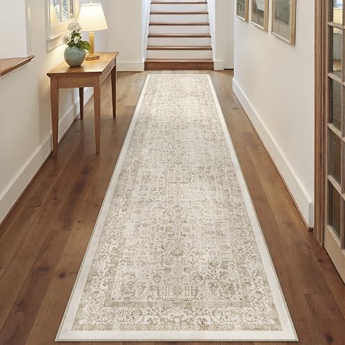 Light Brown Runner Rug 3x10 Hallway Machine Washable Kitchen Vintage Distressed Non Slip Long Carpet Indoor Retro Floral Bedroom Accent Throw Rug for Bathroom Office Laundry Dining Room
